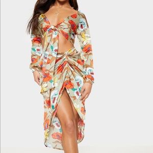 Green satin Floral Two Piece